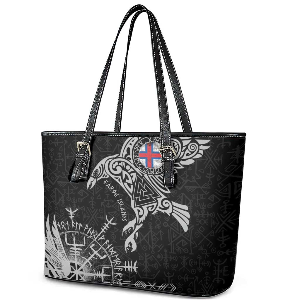Faroe Islands Viking Ravens Leather Tote Bag Vegvisir Runes Pattern - Wonder Print Shop