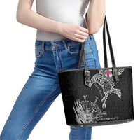 Faroe Islands Viking Ravens Leather Tote Bag Vegvisir Runes Pattern - Wonder Print Shop