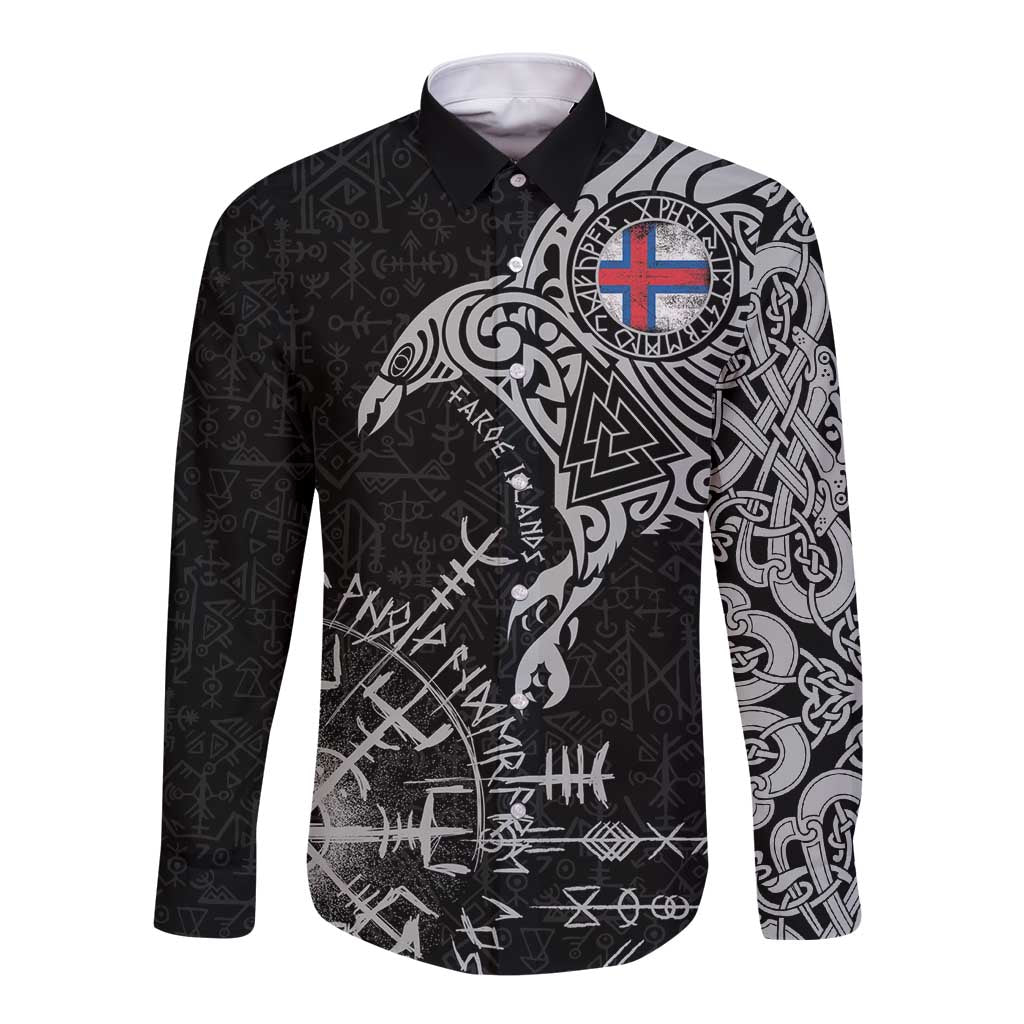 Faroe Islands Viking Ravens Long Sleeve Button Shirt Vegvisir Runes Pattern - Wonder Print Shop