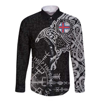 Faroe Islands Viking Ravens Long Sleeve Button Shirt Vegvisir Runes Pattern - Wonder Print Shop