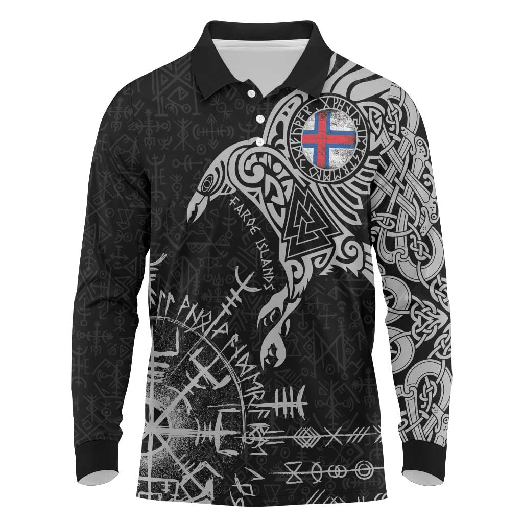 Faroe Islands Viking Ravens Long Sleeve Polo Shirt Vegvisir Runes Pattern - Wonder Print Shop