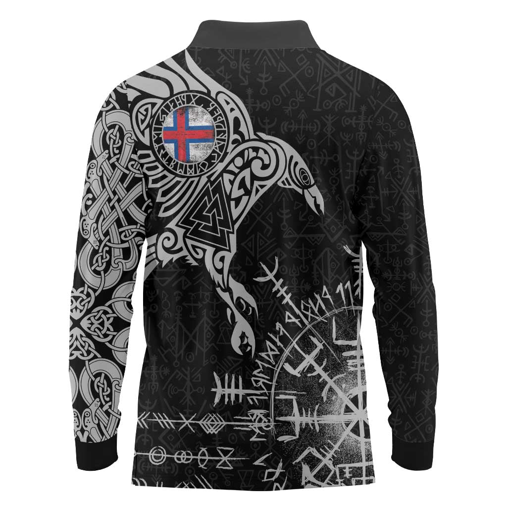 Faroe Islands Viking Ravens Long Sleeve Polo Shirt Vegvisir Runes Pattern - Wonder Print Shop