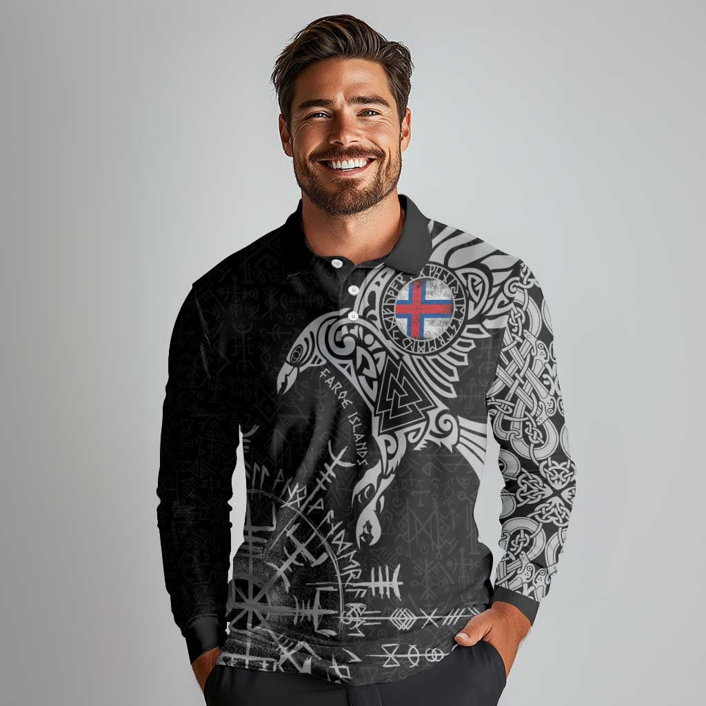 Faroe Islands Viking Ravens Long Sleeve Polo Shirt Vegvisir Runes Pattern - Wonder Print Shop