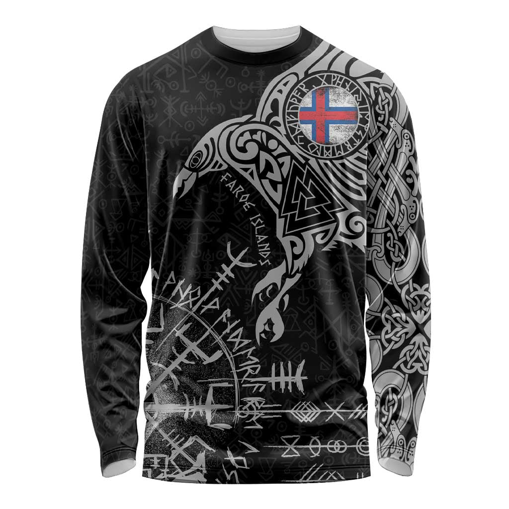Faroe Islands Viking Ravens Long Sleeve Shirt Vegvisir Runes Pattern - Wonder Print Shop