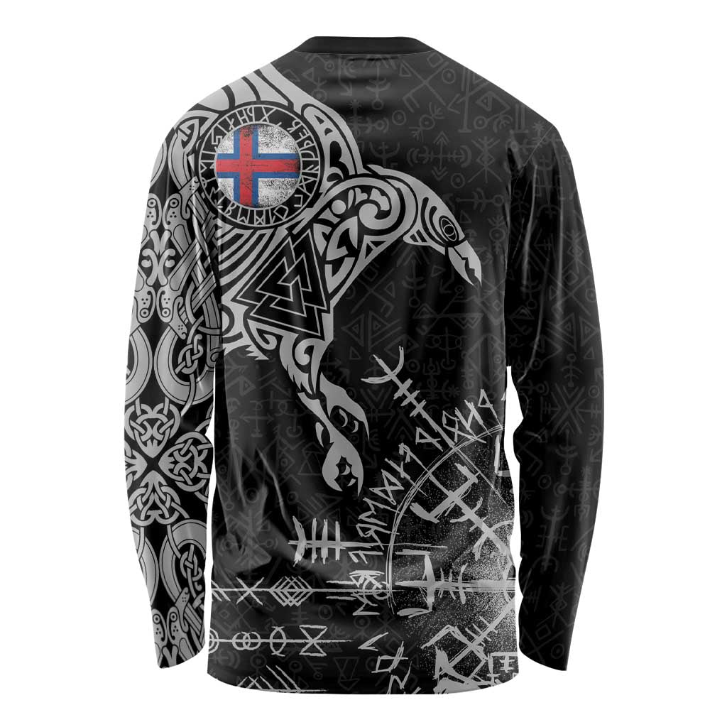 Faroe Islands Viking Ravens Long Sleeve Shirt Vegvisir Runes Pattern - Wonder Print Shop