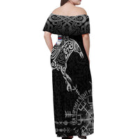 Faroe Islands Viking Ravens Off Shoulder Maxi Dress Vegvisir Runes Pattern - Wonder Print Shop