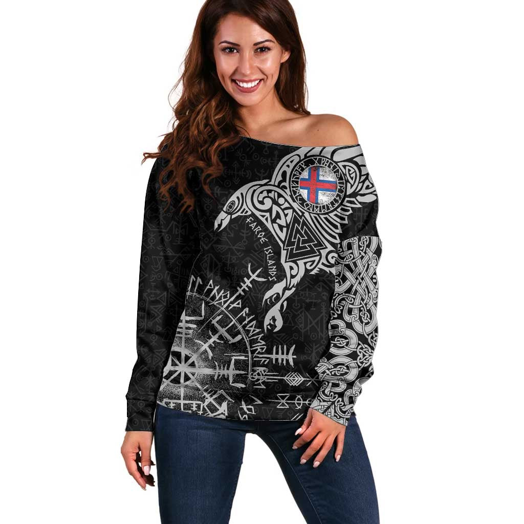 Faroe Islands Viking Ravens Off Shoulder Sweater Vegvisir Runes Pattern - Wonder Print Shop
