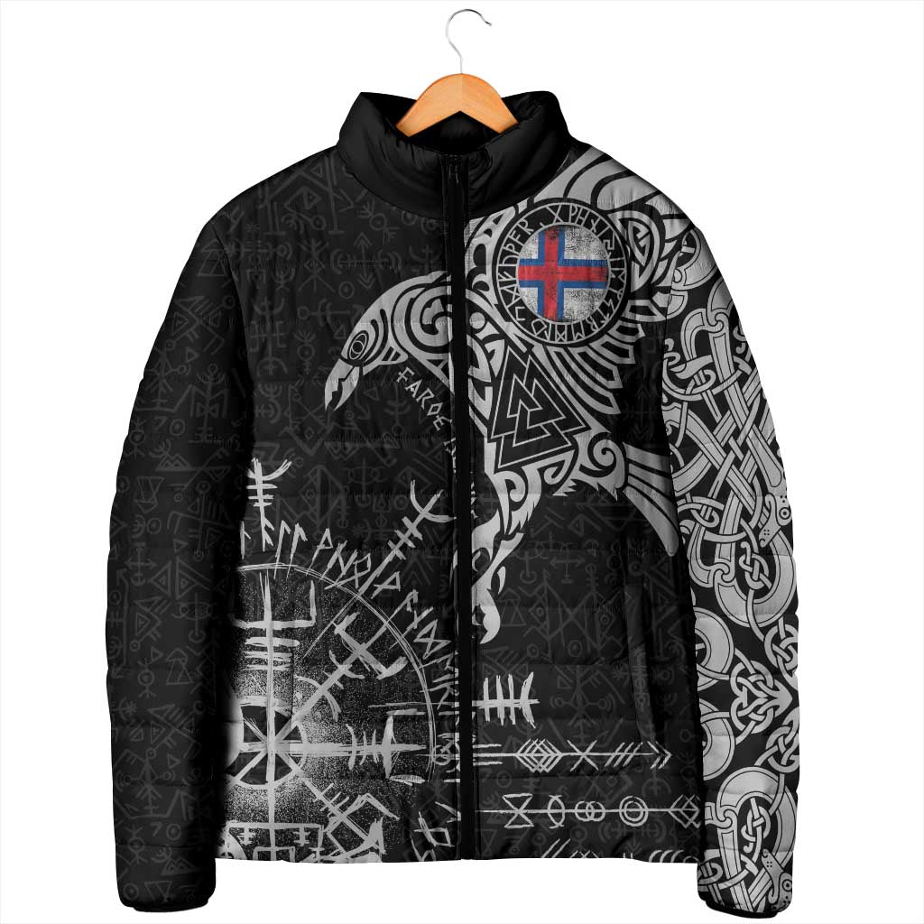 Faroe Islands Viking Ravens Padded Jacket Vegvisir Runes Pattern - Wonder Print Shop
