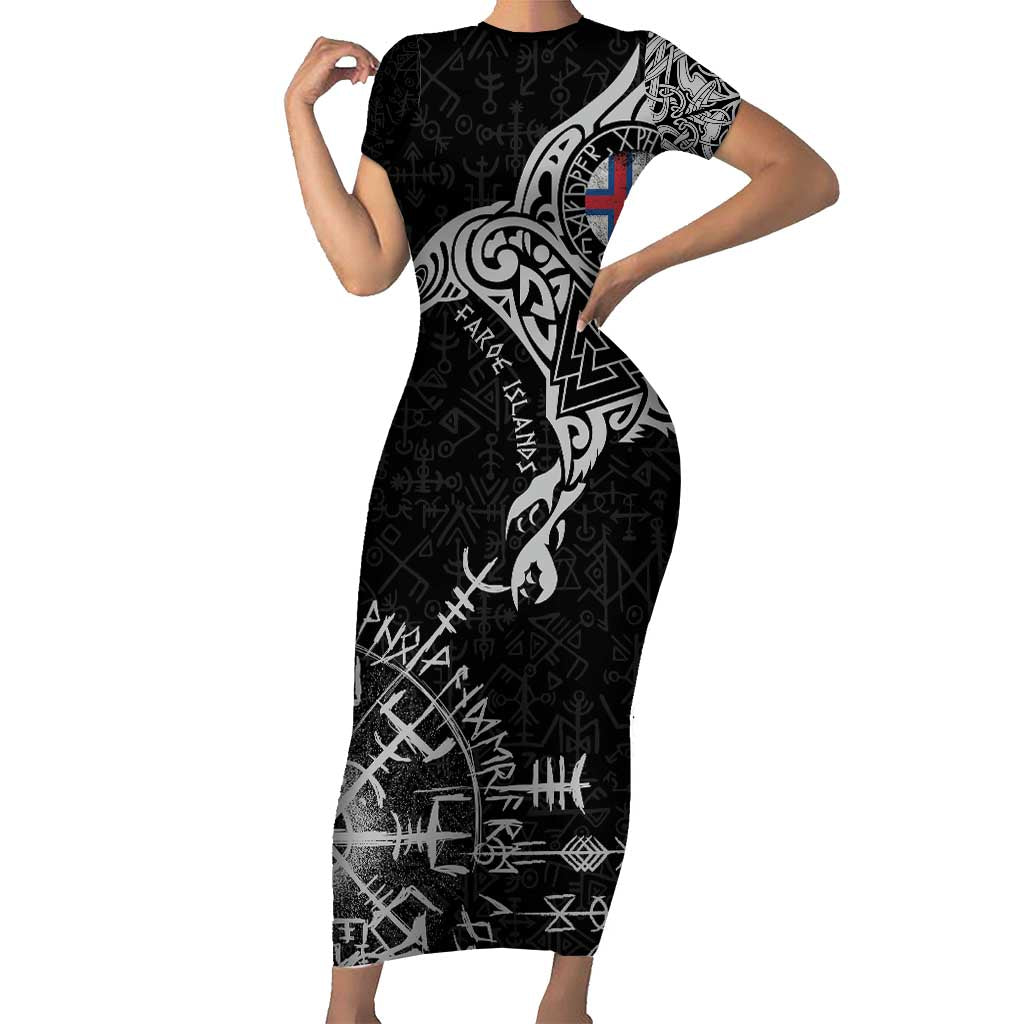 Faroe Islands Viking Ravens Short Sleeve Bodycon Dress Vegvisir Runes Pattern - Wonder Print Shop