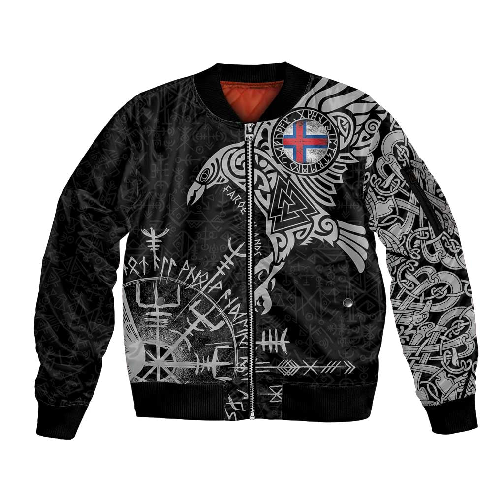 Faroe Islands Viking Ravens Sleeve Zip Bomber Jacket Vegvisir Runes Pattern - Wonder Print Shop
