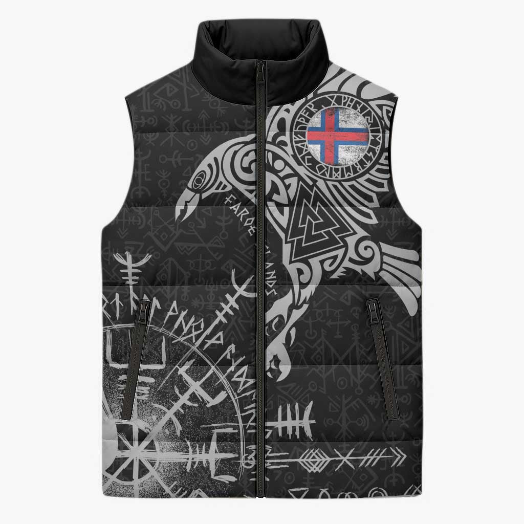 Faroe Islands Viking Ravens Sleeveless Puffer Jacket Vegvisir Runes Pattern - Wonder Print Shop