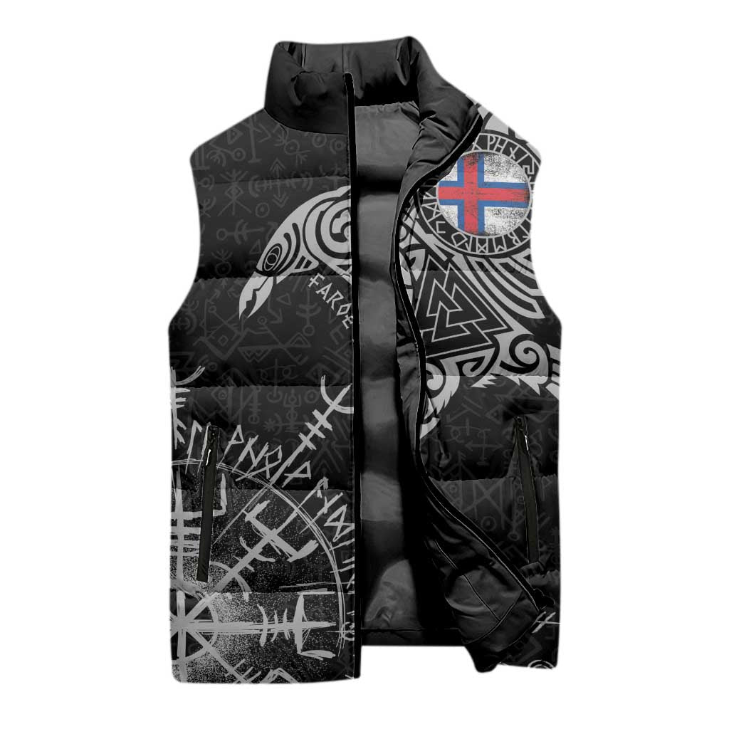 Faroe Islands Viking Ravens Sleeveless Puffer Jacket Vegvisir Runes Pattern - Wonder Print Shop