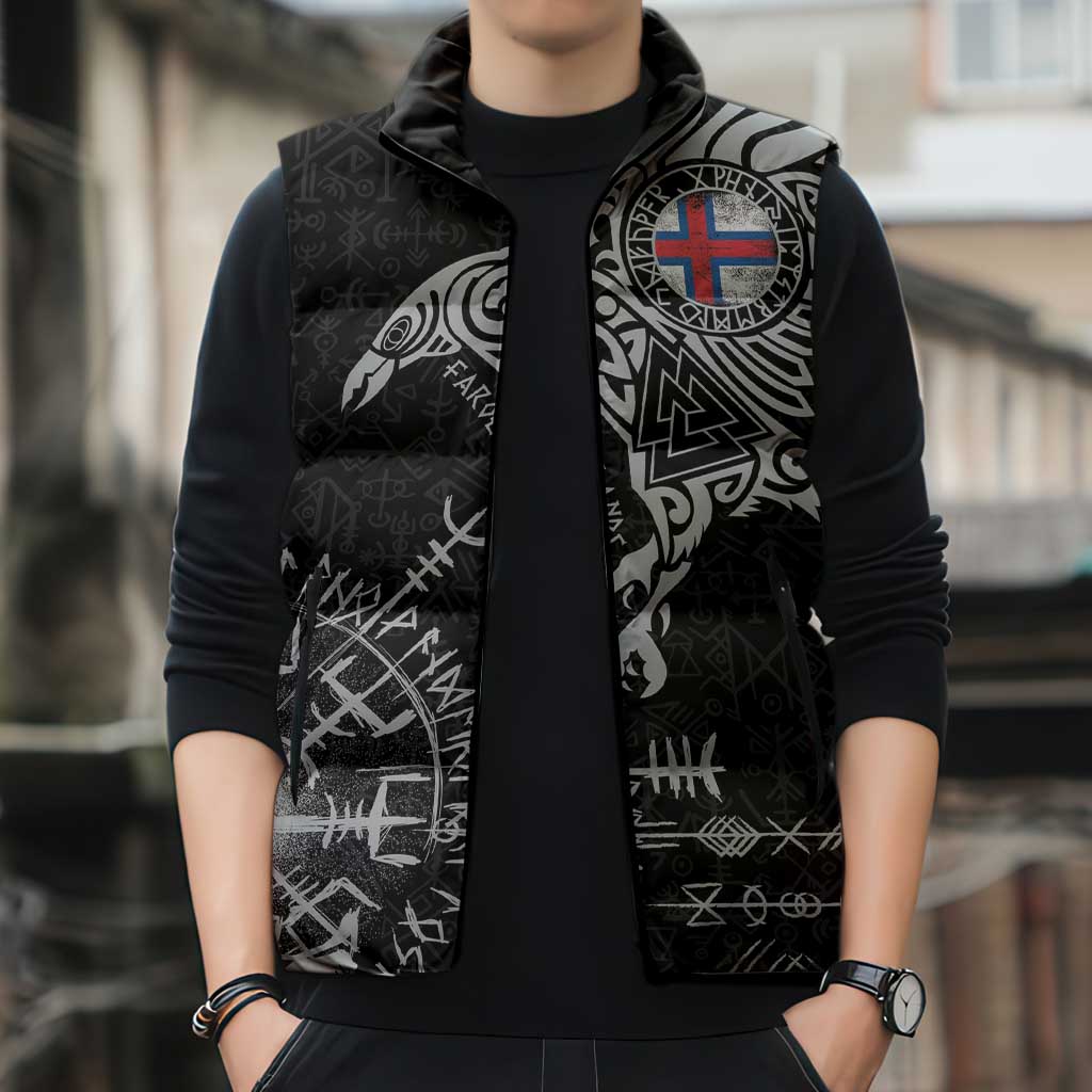 Faroe Islands Viking Ravens Sleeveless Puffer Jacket Vegvisir Runes Pattern - Wonder Print Shop