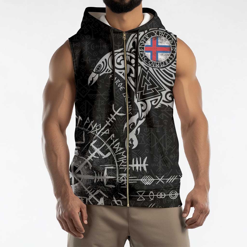 Faroe Islands Viking Ravens Sleeveless Zip Hoodie Vegvisir Runes Pattern - Wonder Print Shop