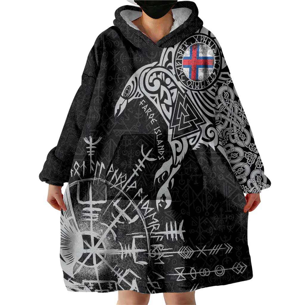 Faroe Islands Viking Ravens Wearable Blanket Hoodie Vegvisir Runes Pattern - Wonder Print Shop