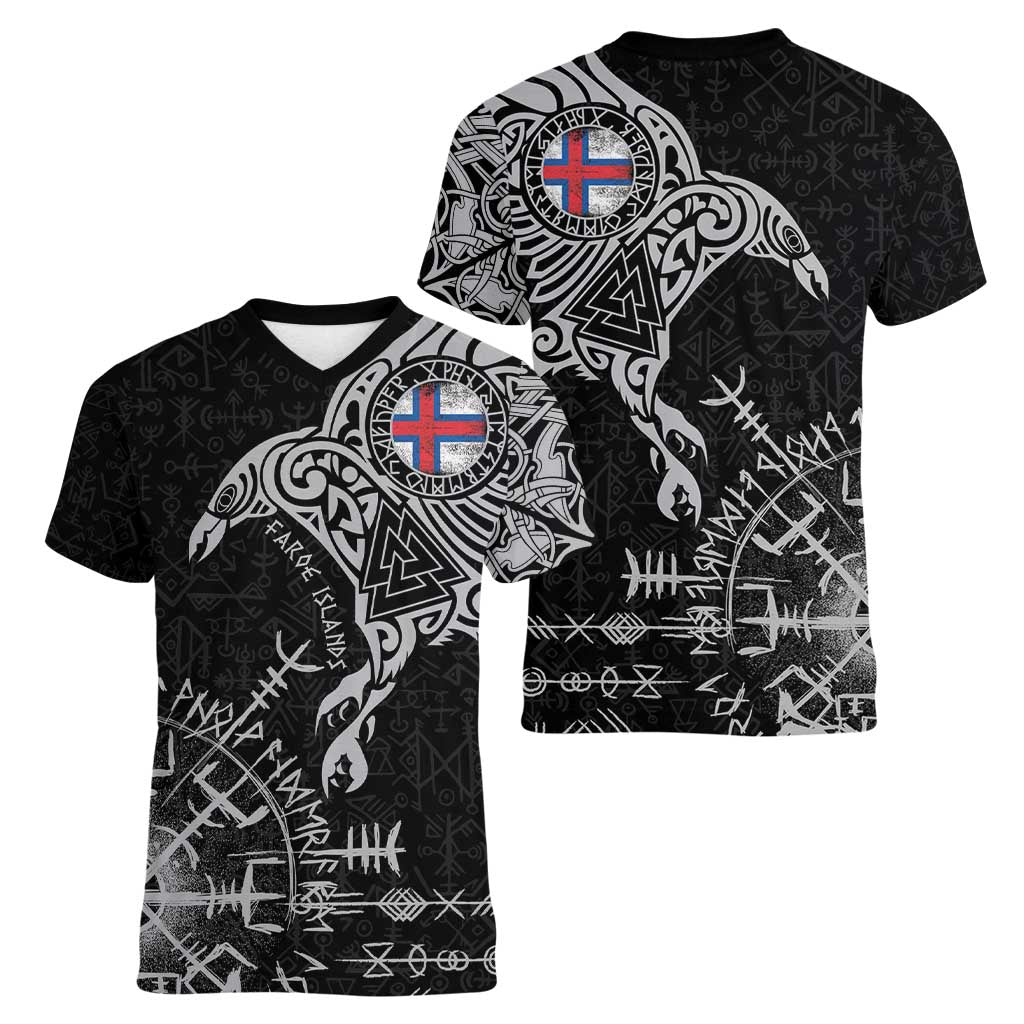 Faroe Islands Viking Ravens Women V-Neck T-Shirt Vegvisir Runes Pattern - Wonder Print Shop