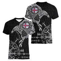 Faroe Islands Viking Ravens Women V-Neck T-Shirt Vegvisir Runes Pattern - Wonder Print Shop