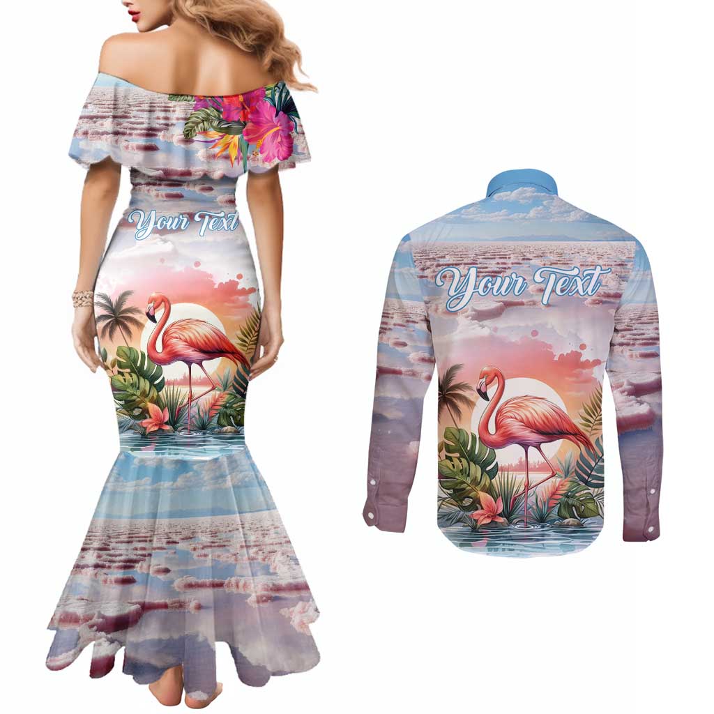 Personalized Bonaire Caribbean Flamingo Couples Matching Mermaid Dress and Long Sleeve Button Shirt Pink Salt Flats