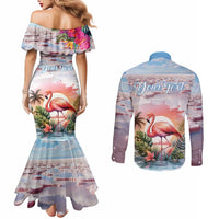 Personalized Bonaire Caribbean Flamingo Couples Matching Mermaid Dress and Long Sleeve Button Shirt Pink Salt Flats