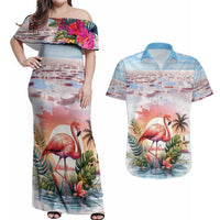 Personalized Bonaire Caribbean Flamingo Couples Matching Off Shoulder Maxi Dress and Hawaiian Shirt Pink Salt Flats - Wonder Print Shop