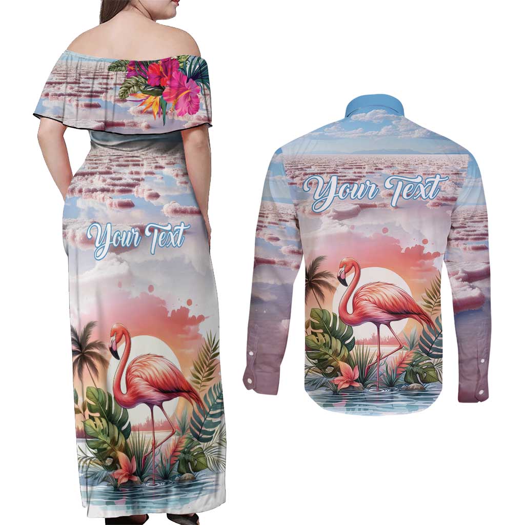 Personalized Bonaire Caribbean Flamingo Couples Matching Off Shoulder Maxi Dress and Long Sleeve Button Shirt Pink Salt Flats - Wonder Print Shop
