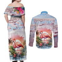 Personalized Bonaire Caribbean Flamingo Couples Matching Off Shoulder Maxi Dress and Long Sleeve Button Shirt Pink Salt Flats - Wonder Print Shop