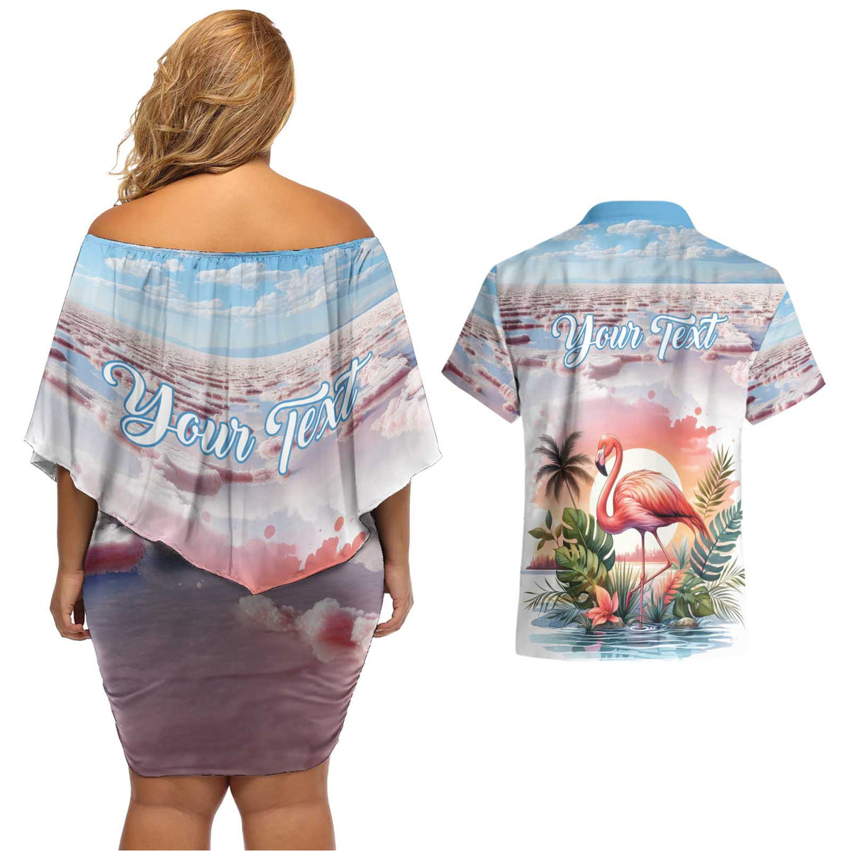 Personalized Bonaire Caribbean Flamingo Couples Matching Off Shoulder Short Dress and Hawaiian Shirt Pink Salt Flats - Wonder Print Shop