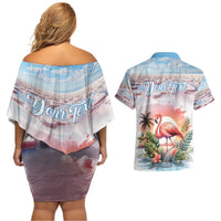 Personalized Bonaire Caribbean Flamingo Couples Matching Off Shoulder Short Dress and Hawaiian Shirt Pink Salt Flats - Wonder Print Shop