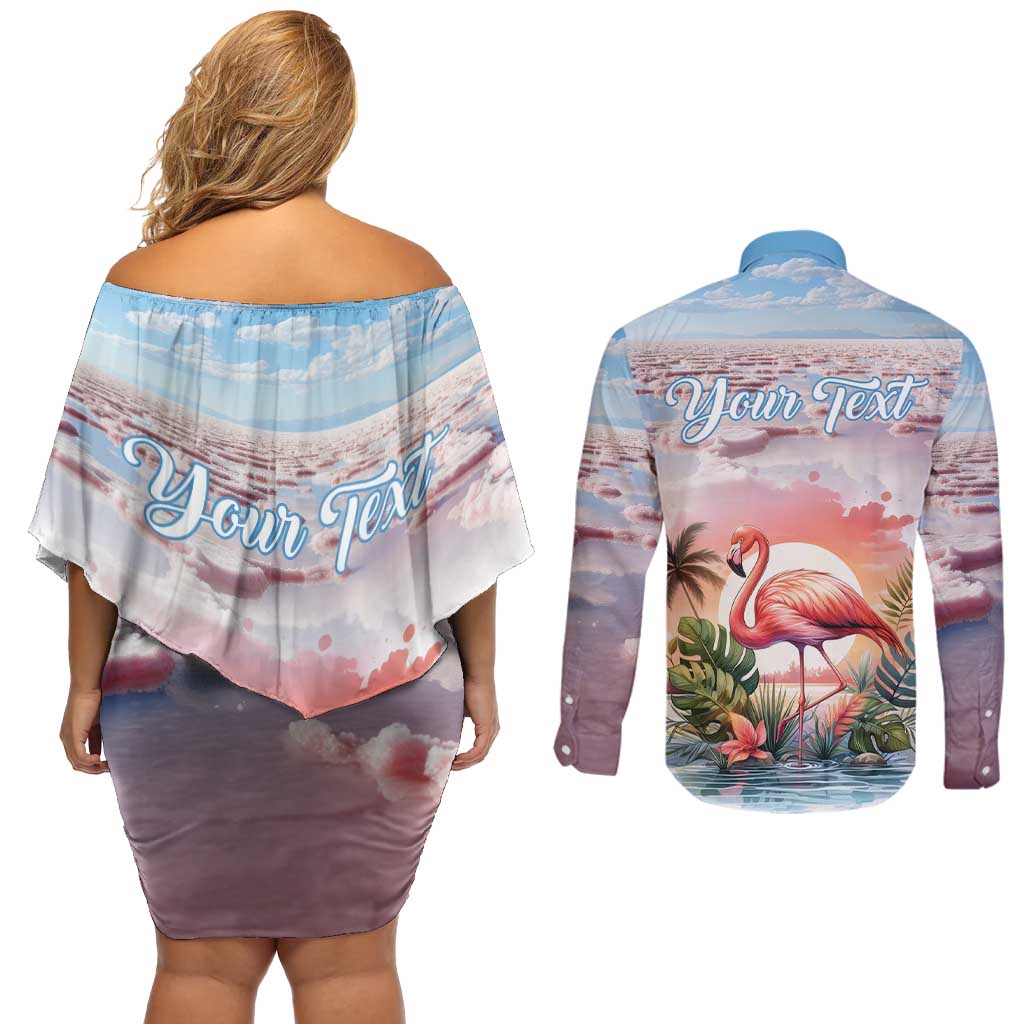 Personalized Bonaire Caribbean Flamingo Couples Matching Off Shoulder Short Dress and Long Sleeve Button Shirt Pink Salt Flats - Wonder Print Shop