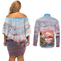 Personalized Bonaire Caribbean Flamingo Couples Matching Off Shoulder Short Dress and Long Sleeve Button Shirt Pink Salt Flats - Wonder Print Shop
