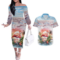 Personalized Bonaire Caribbean Flamingo Couples Matching Off The Shoulder Long Sleeve Dress and Hawaiian Shirt Pink Salt Flats - Wonder Print Shop