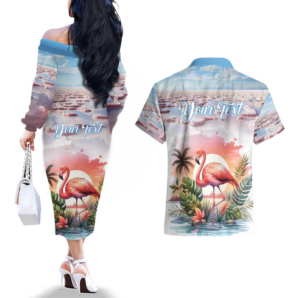 Personalized Bonaire Caribbean Flamingo Couples Matching Off The Shoulder Long Sleeve Dress and Hawaiian Shirt Pink Salt Flats - Wonder Print Shop