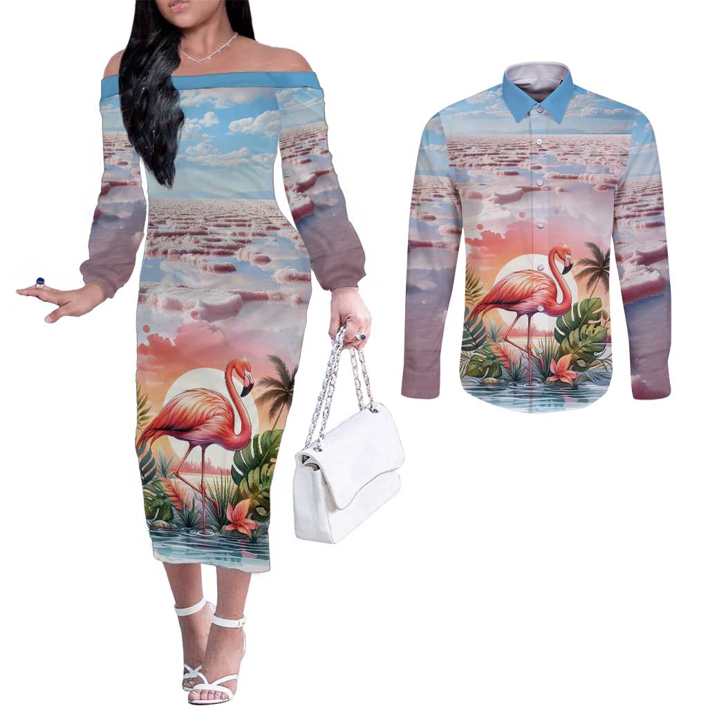 Personalized Bonaire Caribbean Flamingo Couples Matching Off The Shoulder Long Sleeve Dress and Long Sleeve Button Shirt Pink Salt Flats