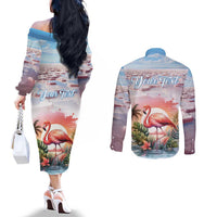 Personalized Bonaire Caribbean Flamingo Couples Matching Off The Shoulder Long Sleeve Dress and Long Sleeve Button Shirt Pink Salt Flats
