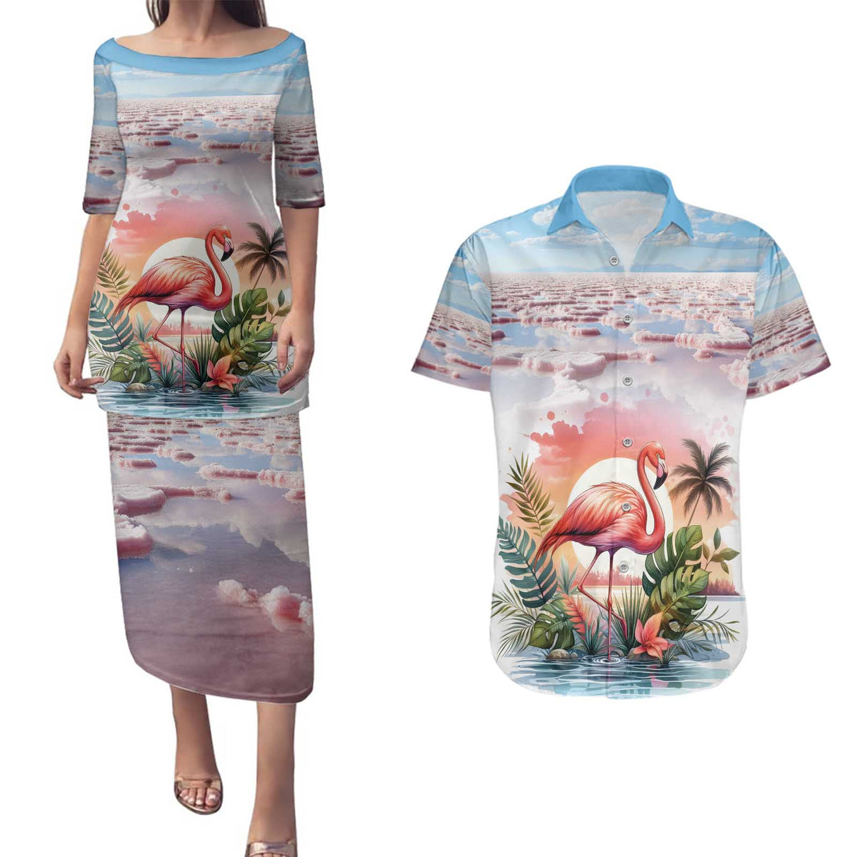 Personalized Bonaire Caribbean Flamingo Couples Matching Puletasi and Hawaiian Shirt Pink Salt Flats - Wonder Print Shop
