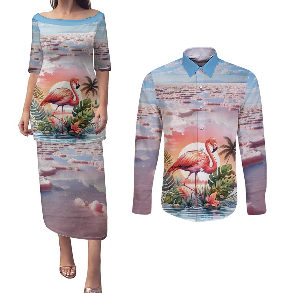 Personalized Bonaire Caribbean Flamingo Couples Matching Puletasi and Long Sleeve Button Shirt Pink Salt Flats - Wonder Print Shop