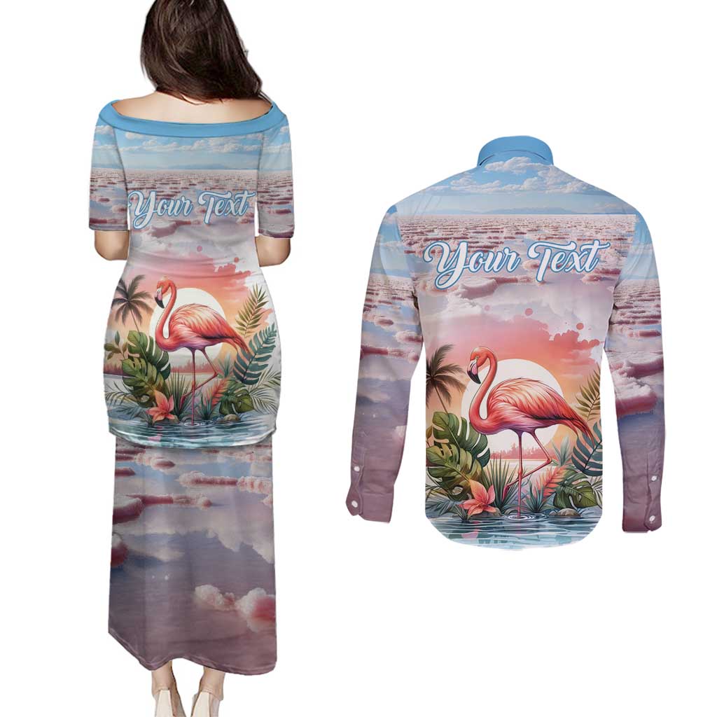 Personalized Bonaire Caribbean Flamingo Couples Matching Puletasi and Long Sleeve Button Shirt Pink Salt Flats - Wonder Print Shop