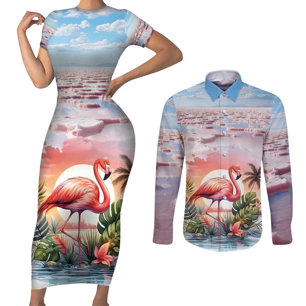 Personalized Bonaire Caribbean Flamingo Couples Matching Short Sleeve Bodycon Dress and Long Sleeve Button Shirt Pink Salt Flats - Wonder Print Shop