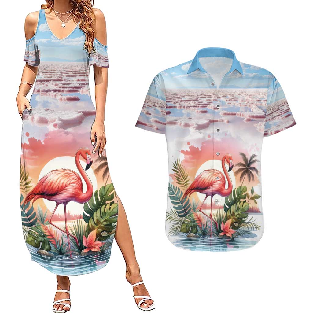 Personalized Bonaire Caribbean Flamingo Couples Matching Summer Maxi Dress and Hawaiian Shirt Pink Salt Flats - Wonder Print Shop