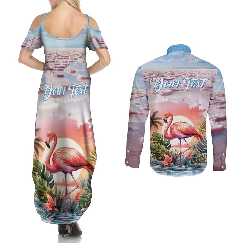 Personalized Bonaire Caribbean Flamingo Couples Matching Summer Maxi Dress and Long Sleeve Button Shirt Pink Salt Flats - Wonder Print Shop