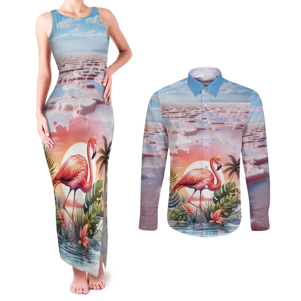 Personalized Bonaire Caribbean Flamingo Couples Matching Tank Maxi Dress and Long Sleeve Button Shirt Pink Salt Flats - Wonder Print Shop