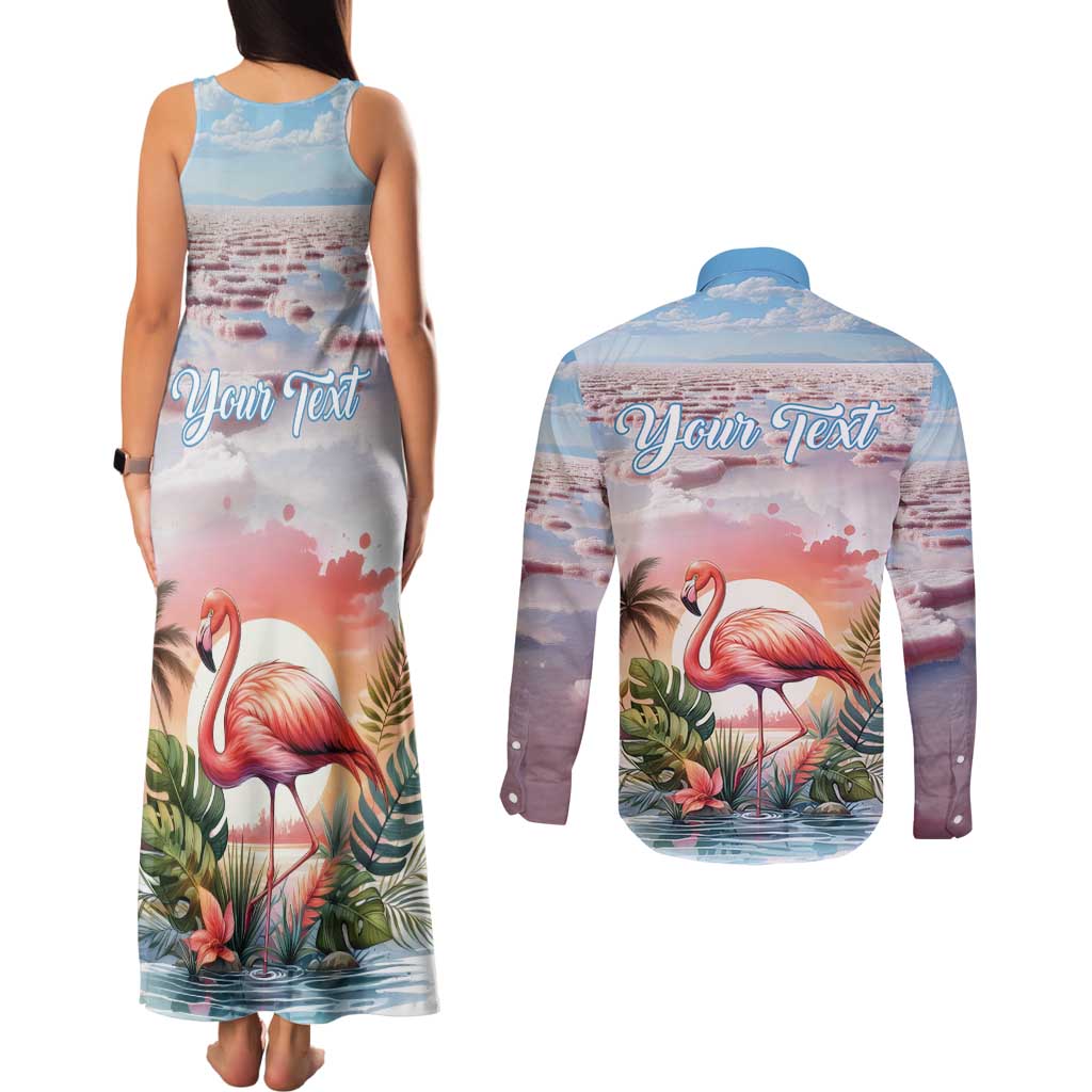 Personalized Bonaire Caribbean Flamingo Couples Matching Tank Maxi Dress and Long Sleeve Button Shirt Pink Salt Flats - Wonder Print Shop