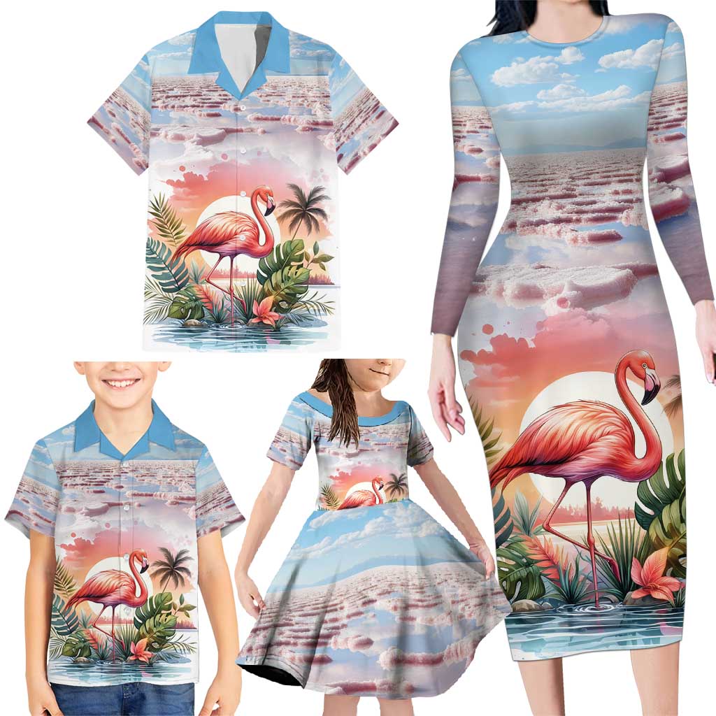 Personalized Bonaire Caribbean Flamingo Family Matching Long Sleeve Bodycon Dress and Hawaiian Shirt Pink Salt Flats - Wonder Print Shop