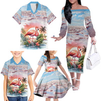 Personalized Bonaire Caribbean Flamingo Family Matching Off The Shoulder Long Sleeve Dress and Hawaiian Shirt Pink Salt Flats - Wonder Print Shop