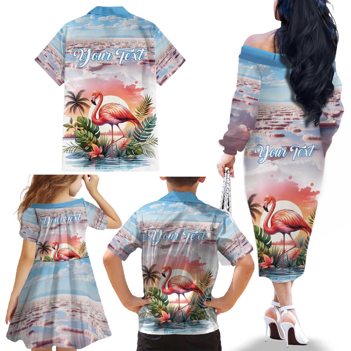 Personalized Bonaire Caribbean Flamingo Family Matching Off The Shoulder Long Sleeve Dress and Hawaiian Shirt Pink Salt Flats - Wonder Print Shop