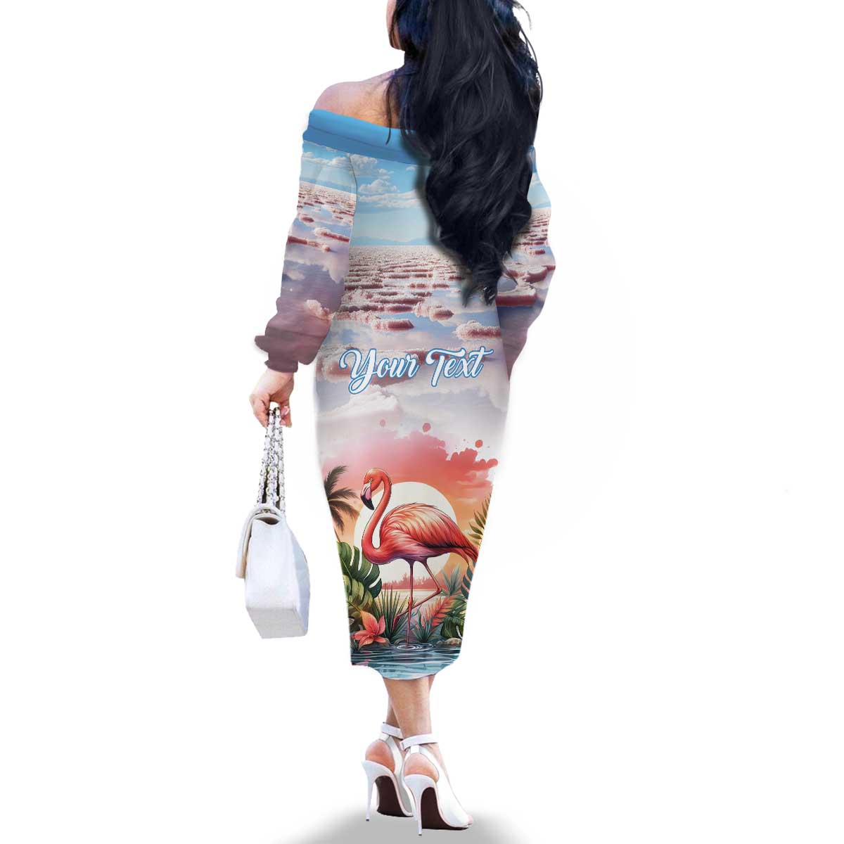 Personalized Bonaire Caribbean Flamingo Family Matching Off The Shoulder Long Sleeve Dress and Hawaiian Shirt Pink Salt Flats - Wonder Print Shop