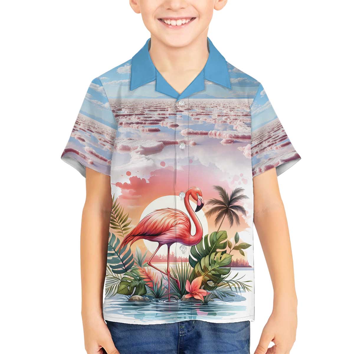 Personalized Bonaire Caribbean Flamingo Family Matching Off The Shoulder Long Sleeve Dress and Hawaiian Shirt Pink Salt Flats - Wonder Print Shop