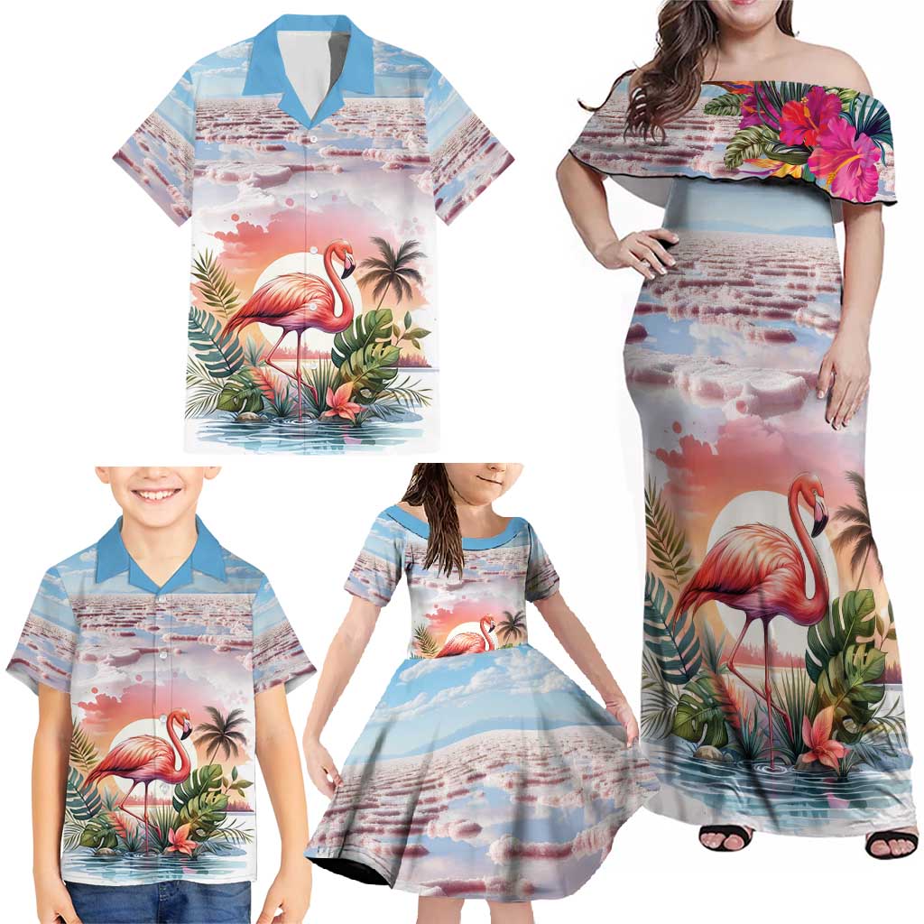 Personalized Bonaire Caribbean Flamingo Family Matching Off Shoulder Maxi Dress and Hawaiian Shirt Pink Salt Flats - Wonder Print Shop
