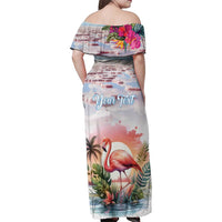 Personalized Bonaire Caribbean Flamingo Family Matching Off Shoulder Maxi Dress and Hawaiian Shirt Pink Salt Flats - Wonder Print Shop
