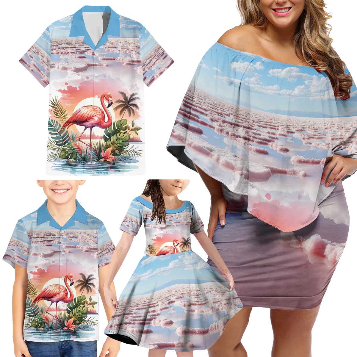 Personalized Bonaire Caribbean Flamingo Family Matching Off Shoulder Short Dress and Hawaiian Shirt Pink Salt Flats - Wonder Print Shop